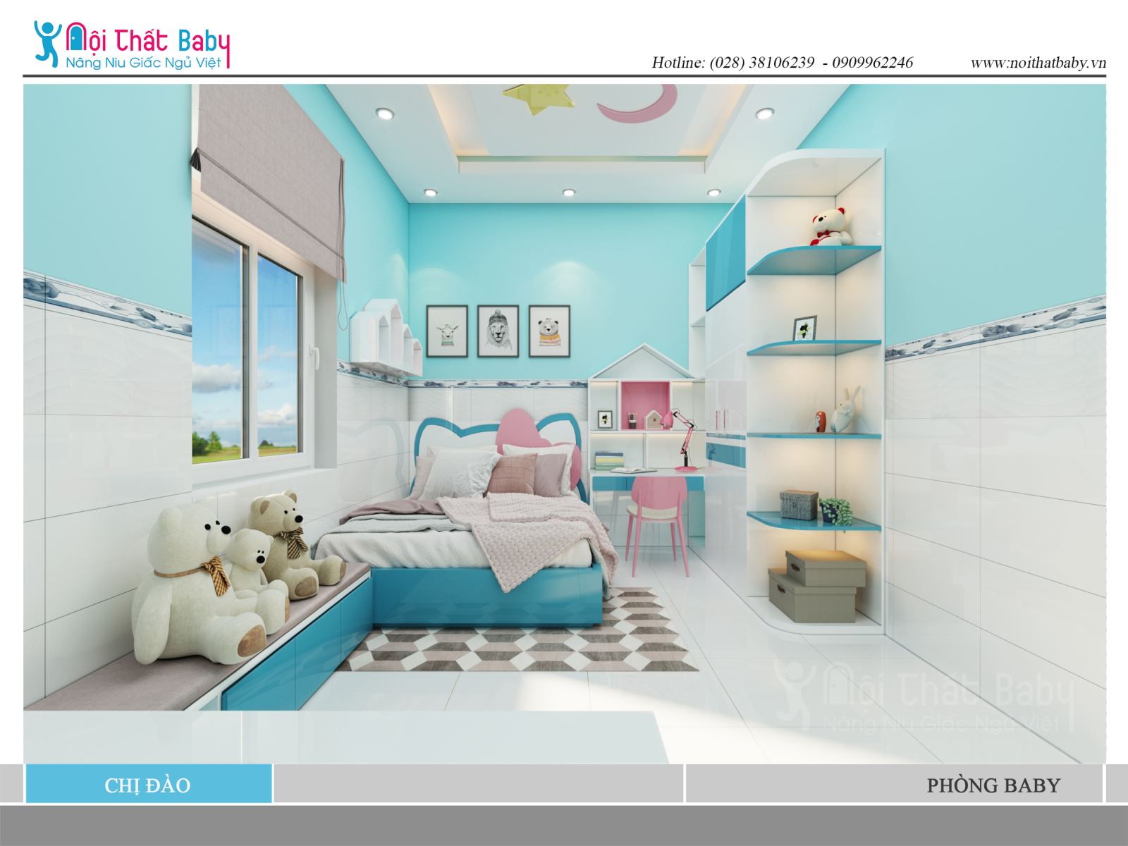 Mẫu thiết kế phòng ngủ bé gái đẹp với màu xanh nhà chị Đào